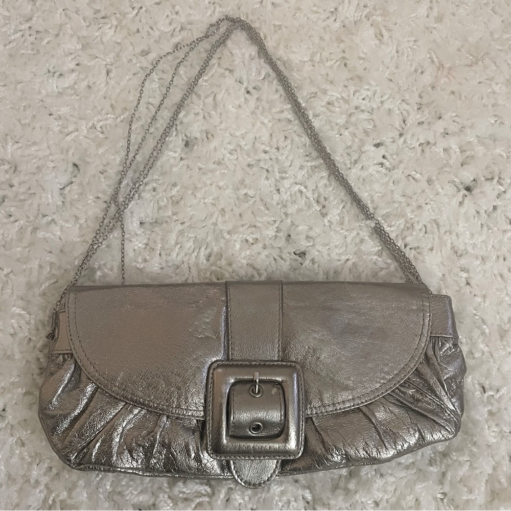 Silver metallic clutch purse